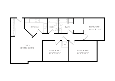 A floor plan of a house with a living and dining room, kitchen, and three bedrooms.